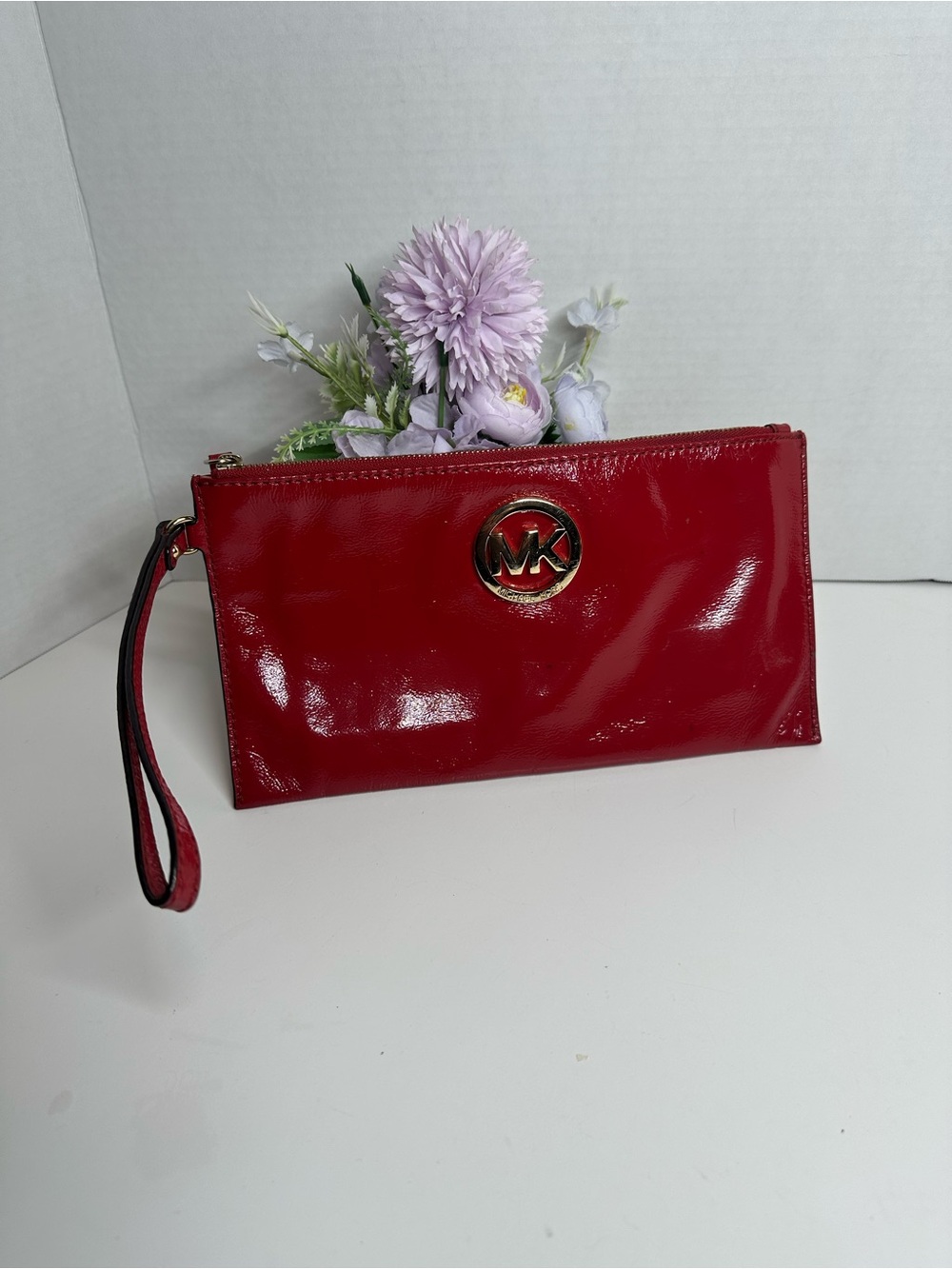 Michael Kors Red Patent Leather Wristlet with Gold MK Emblem